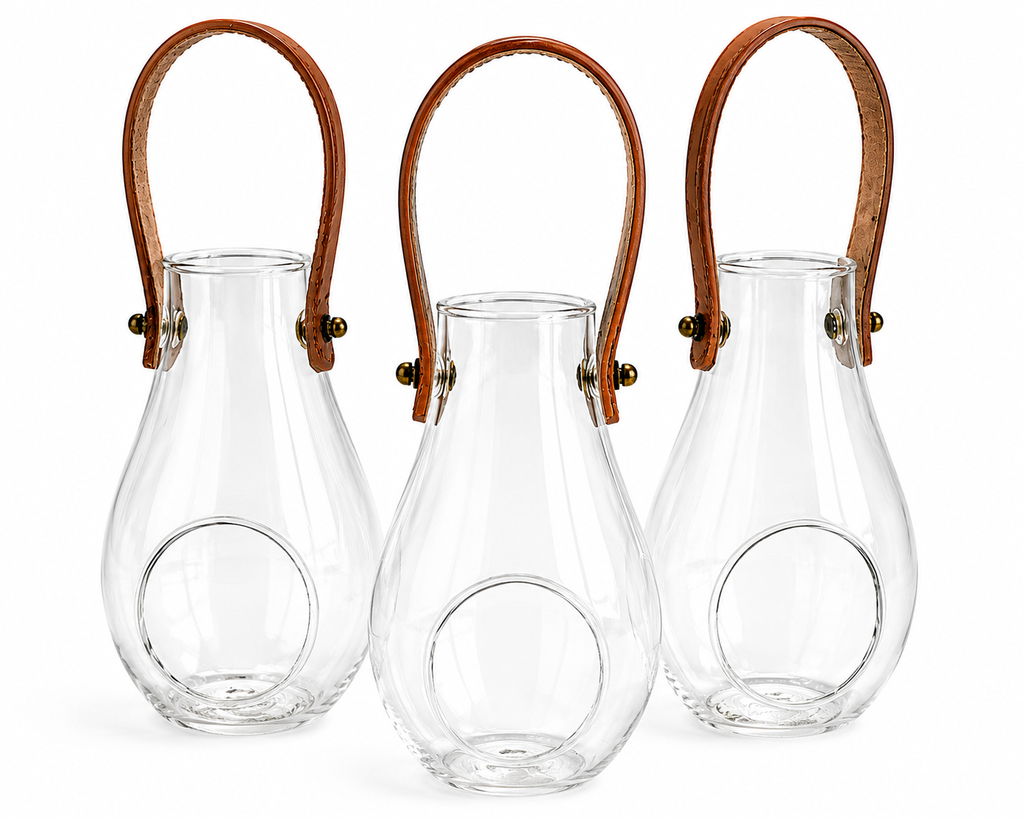 Set of 3 Glass Lantern Vases with Leather Handles