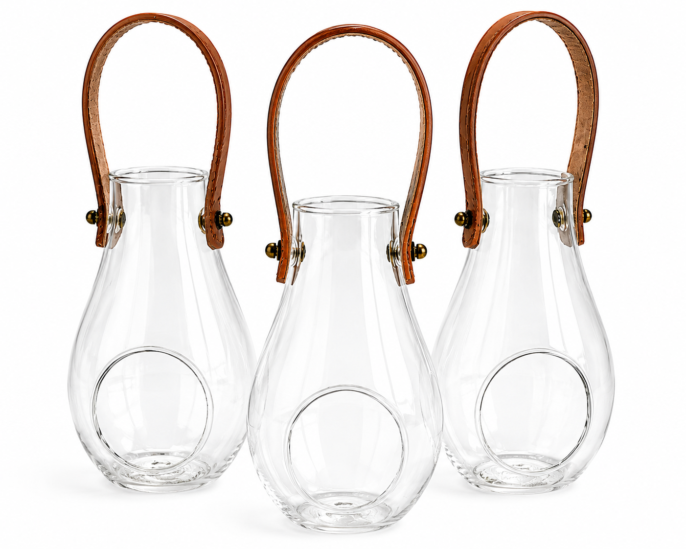 Set of 3 Glass Lantern Vases with Leather Handles