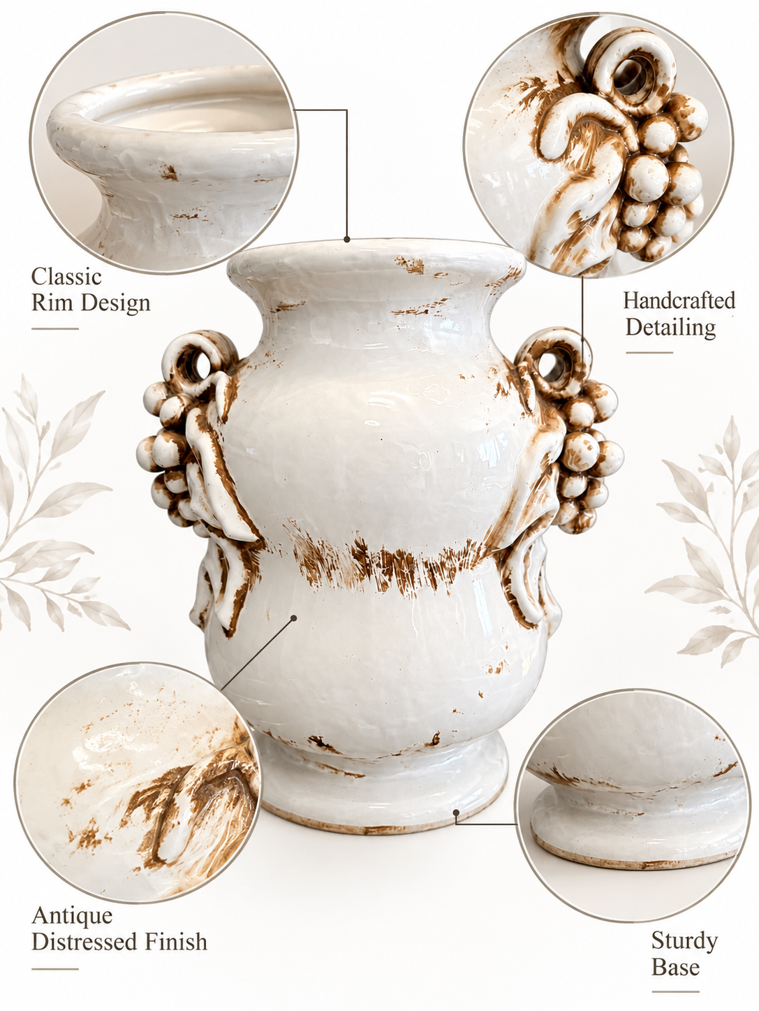 Vintage Distressed Ceramic Grape Relief Vase