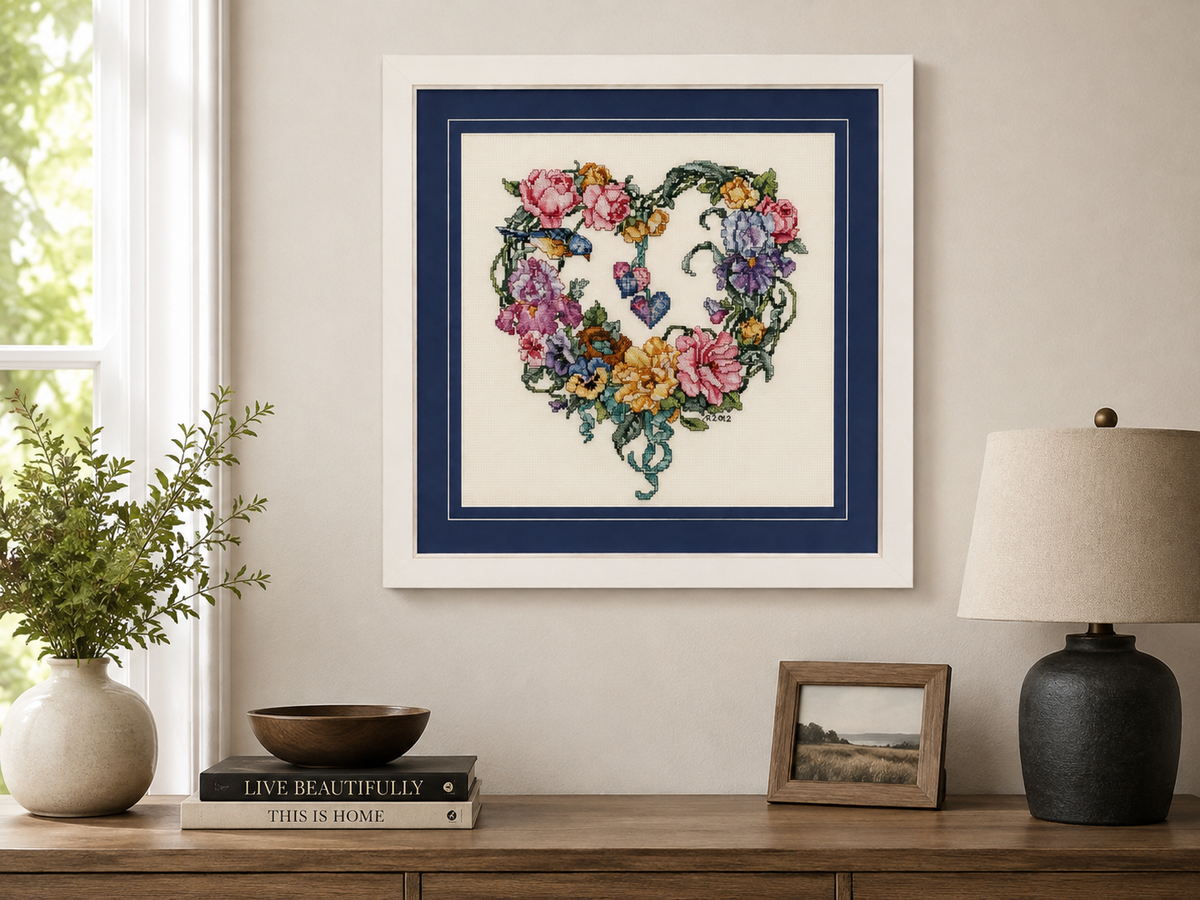 Handcrafted Floral Heart Cross-Stitch Framed Wall Art