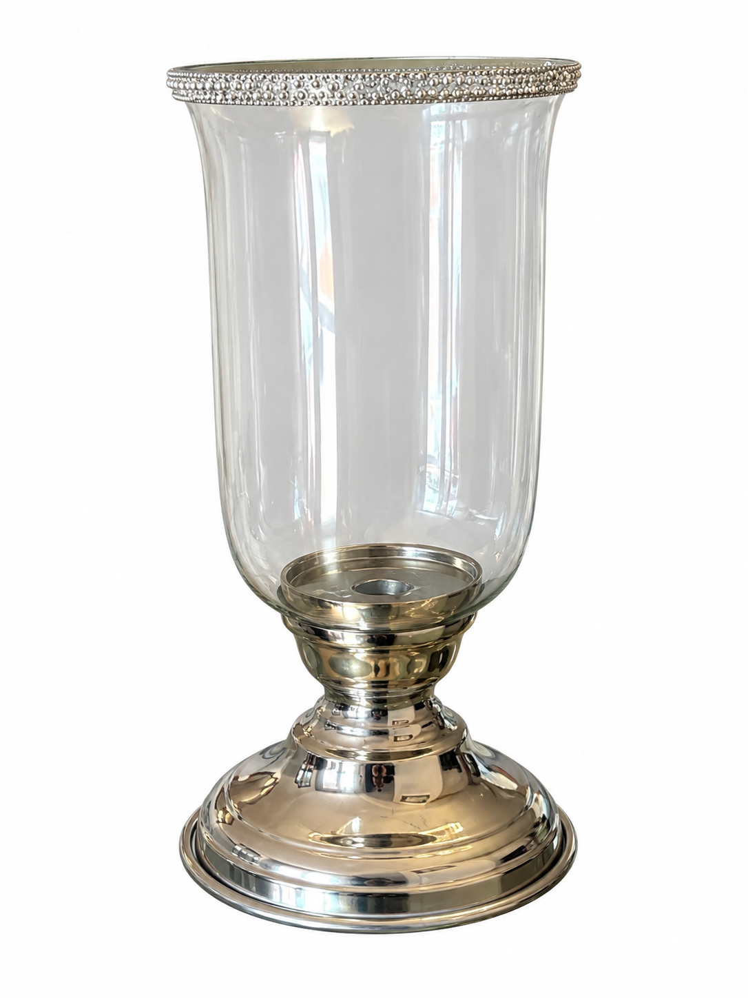 Silver & Glass Hurricane Candle Holder with Beaded Rim