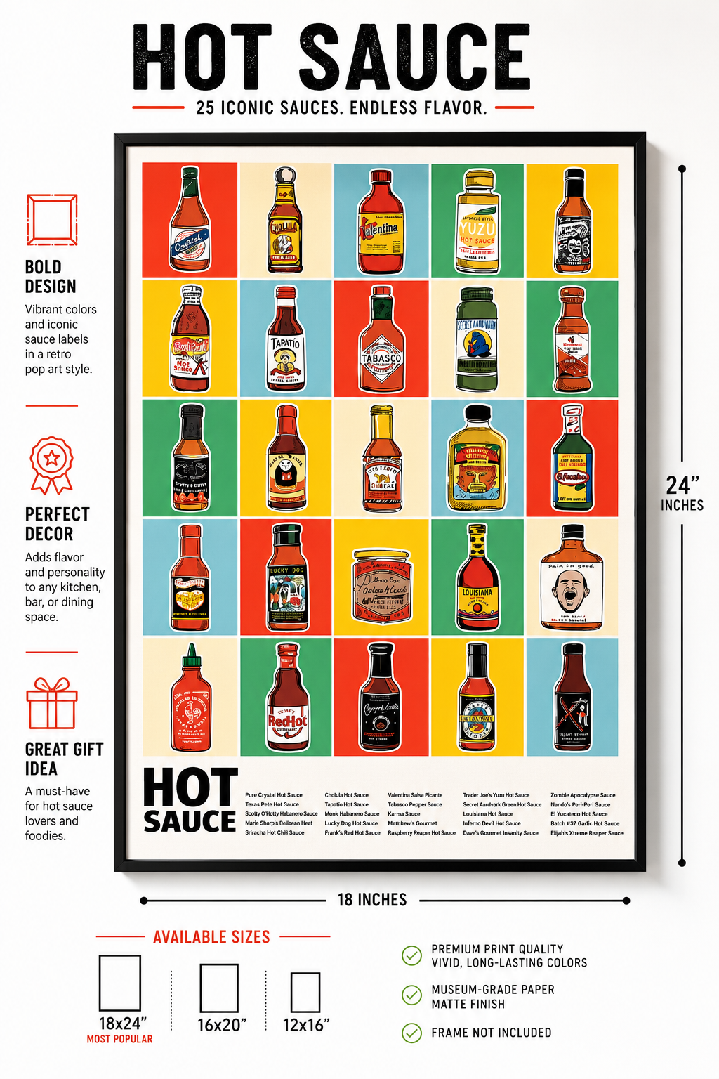 Hot Sauce Collection Framed Art Print | Ready-to-Hang Kitchen Wall Decor