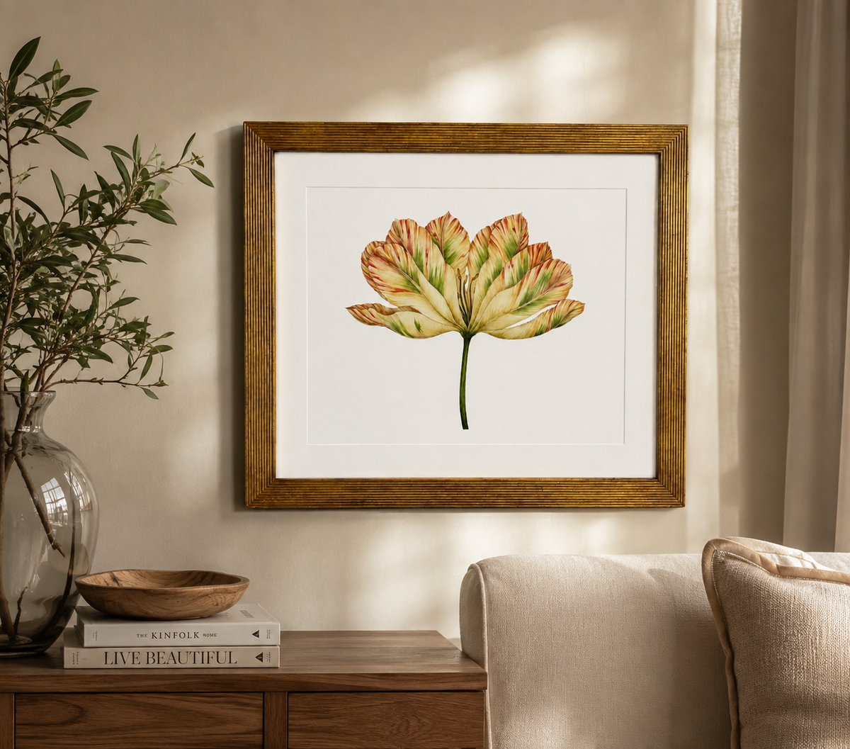 Framed Botanical Tulip Wall Art – Textured Antique Gold Frame