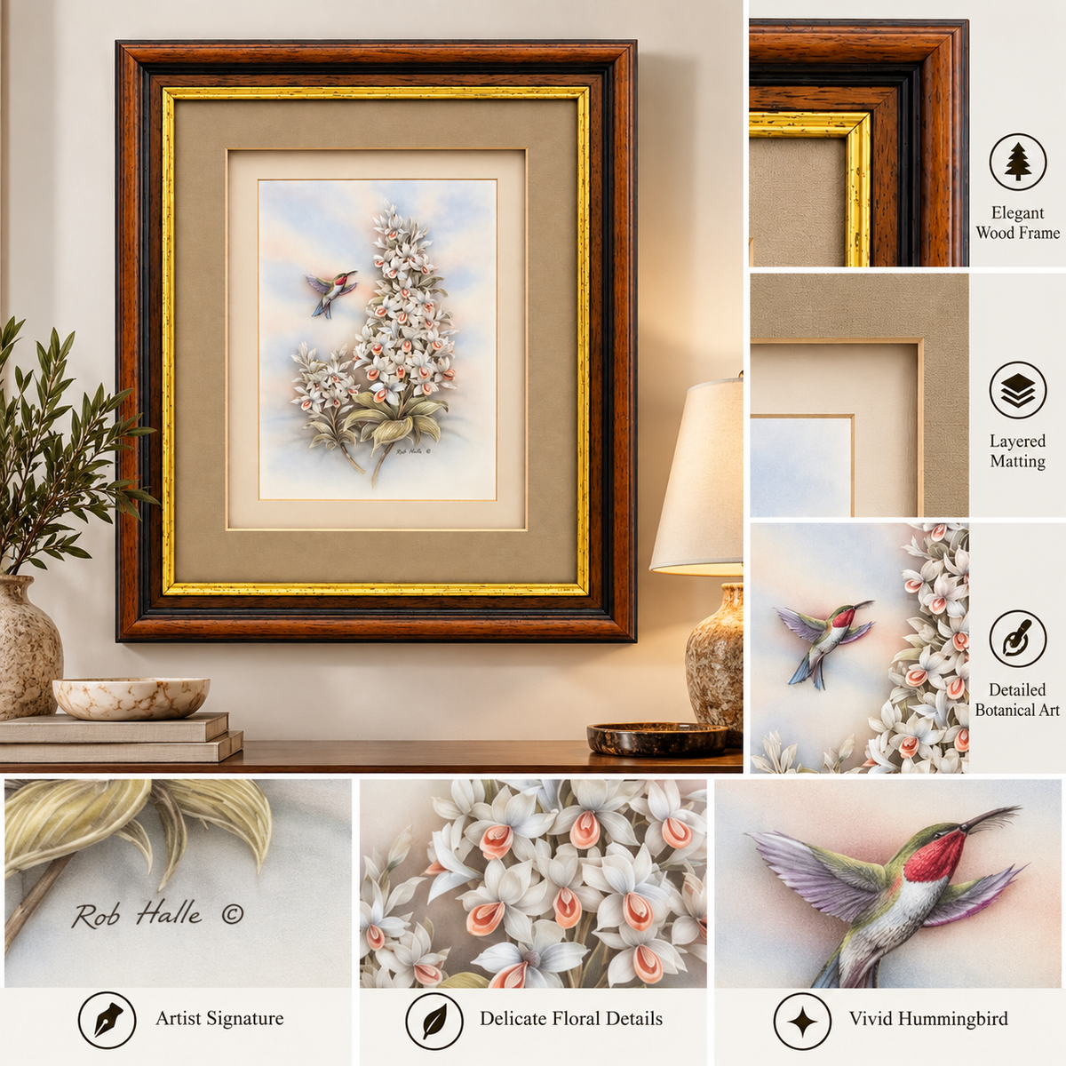 Rob Halle Signed Hummingbird & Floral Framed Art