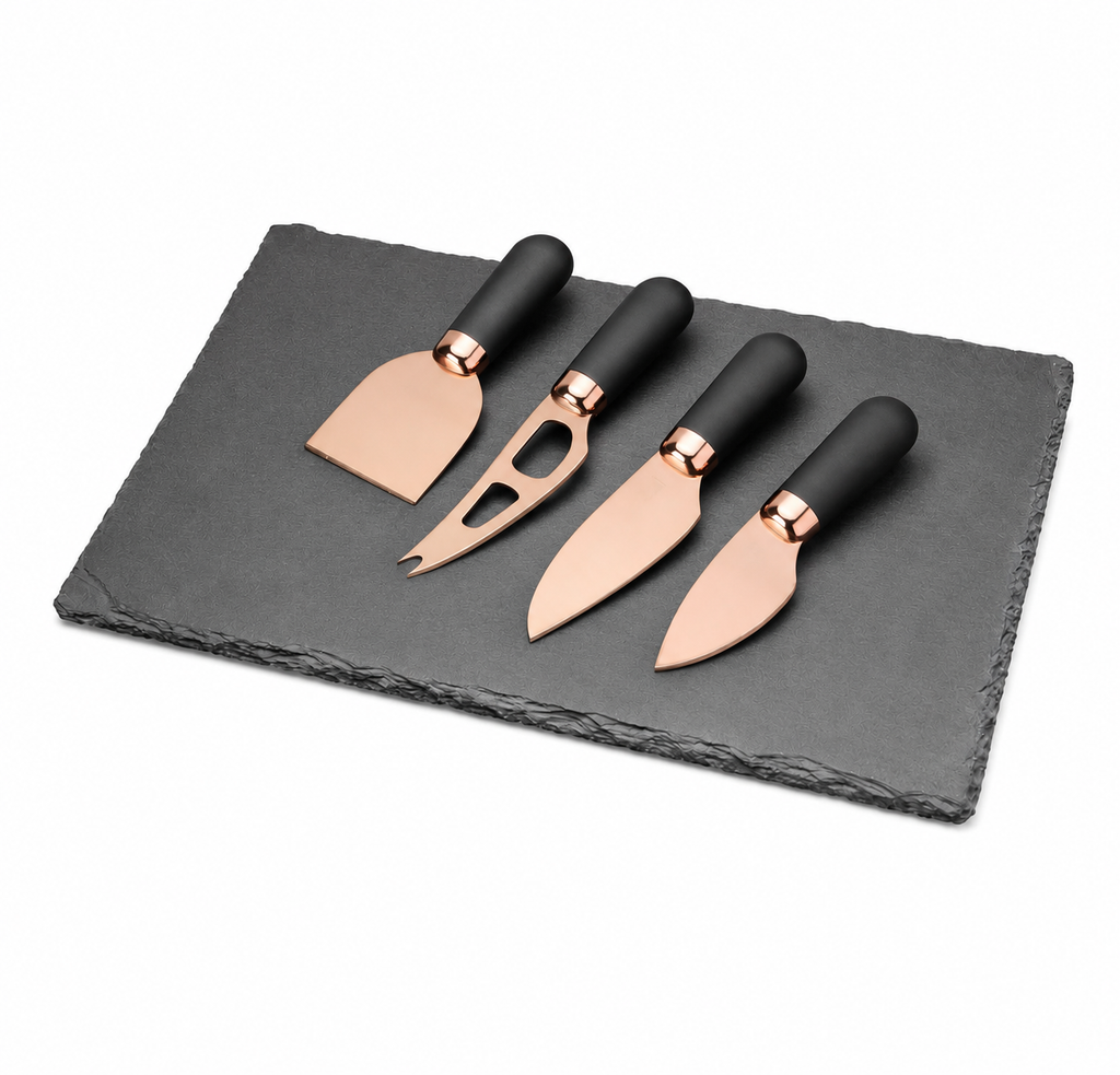 Brooklyn Rose Gold Slate Cheese Board & Knife Set – 5 Piece Serving Collection