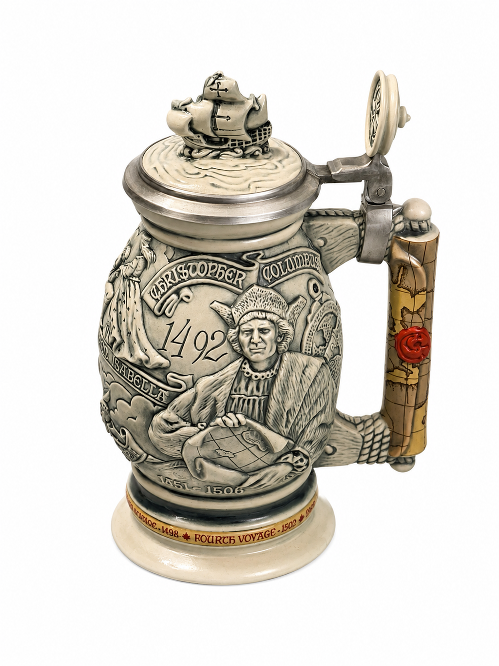 Vintage Christopher Columbus 1492 Commemorative Beer Stein with Pewter Lid