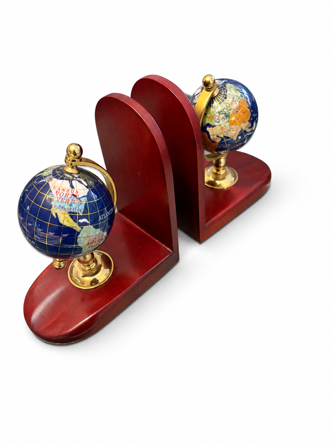Vintage Globe Bookends – Mahogany Wood & Brass-Tone Set