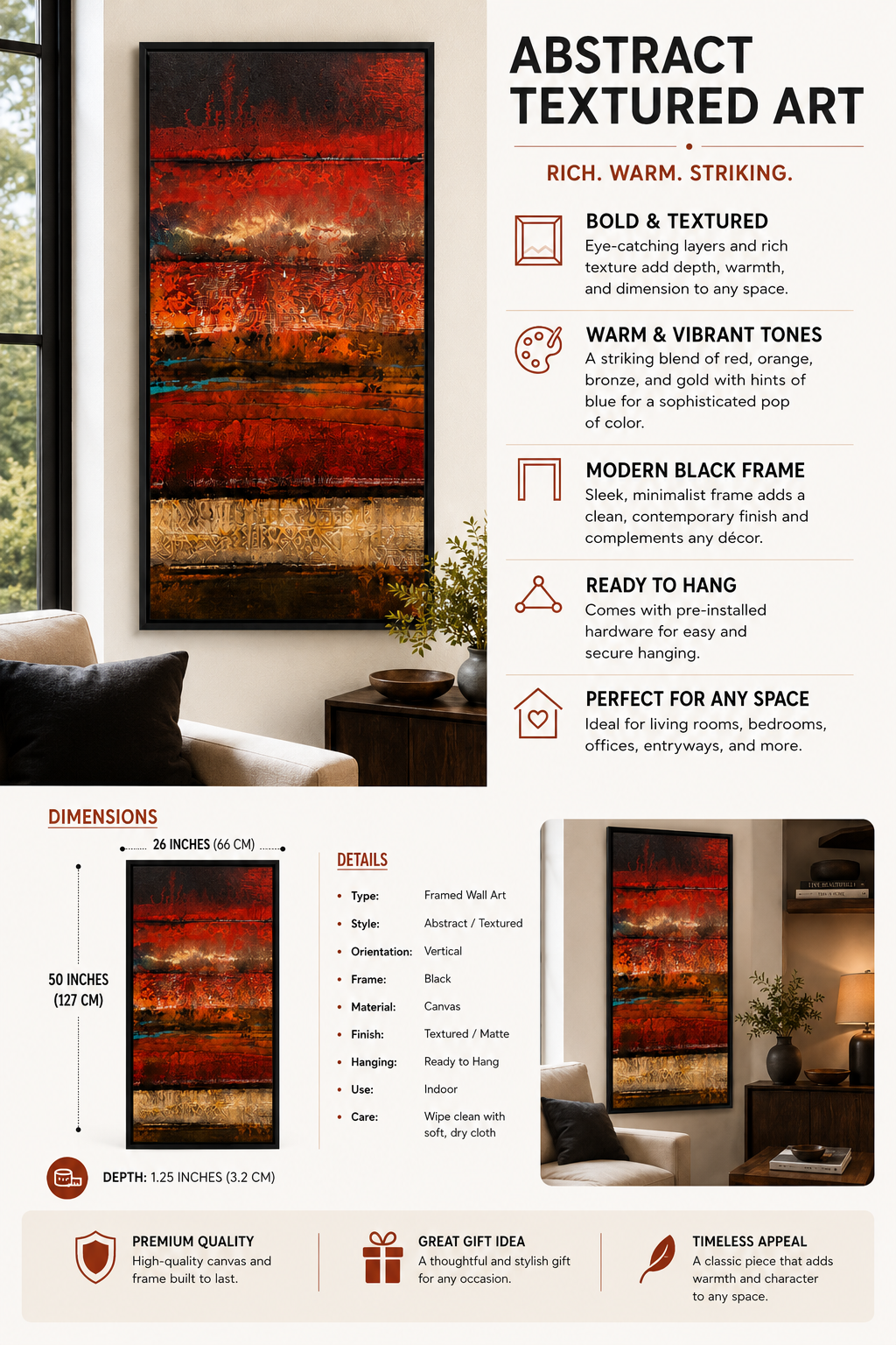 Large Framed Abstract Textured Wall Art – Red, Bronze & Gold – 26” × 50”