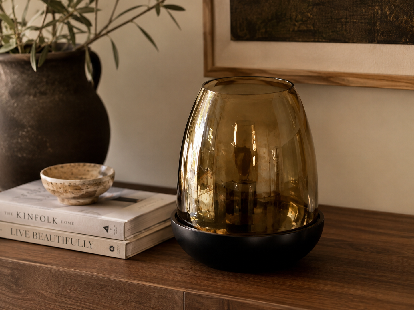 Smoked Amber Glass Candle Lantern with Dark Wood-Look Base