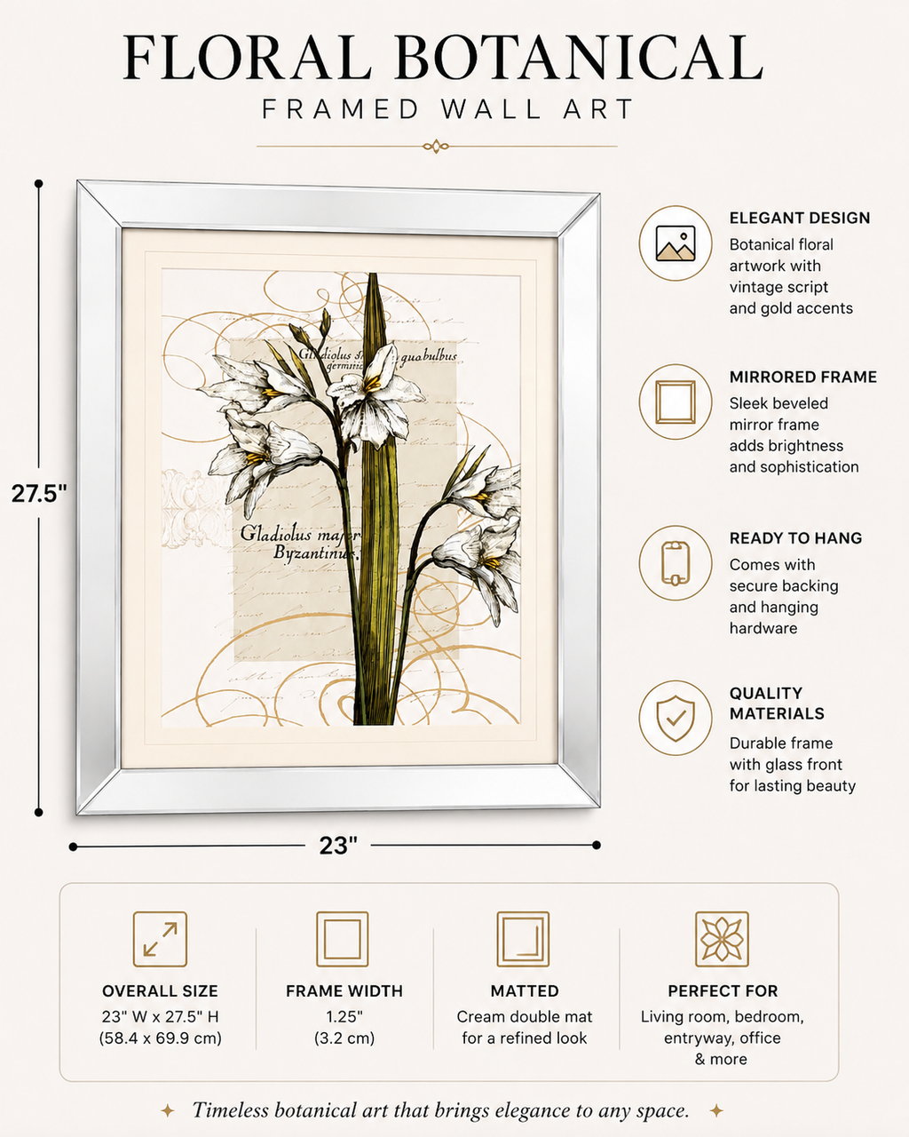 Mirrored Frame Botanical Floral Wall Art – 23” x 27.5”