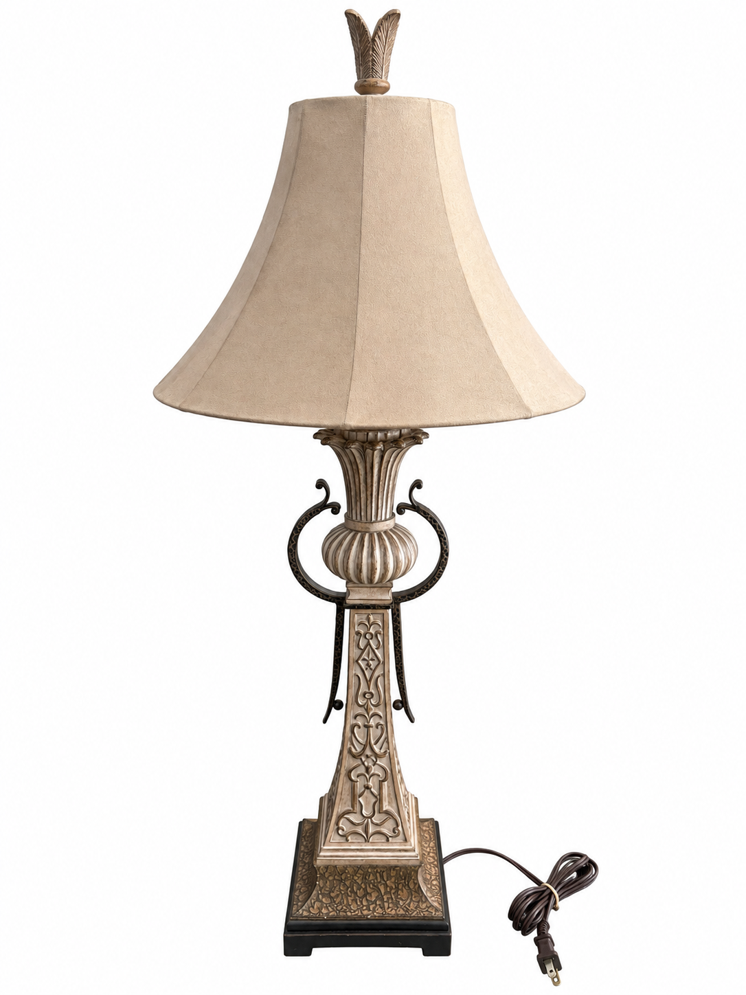 Ornate Antique-Style Bronze & Champagne Table Lamp with Fabric Bell Shade