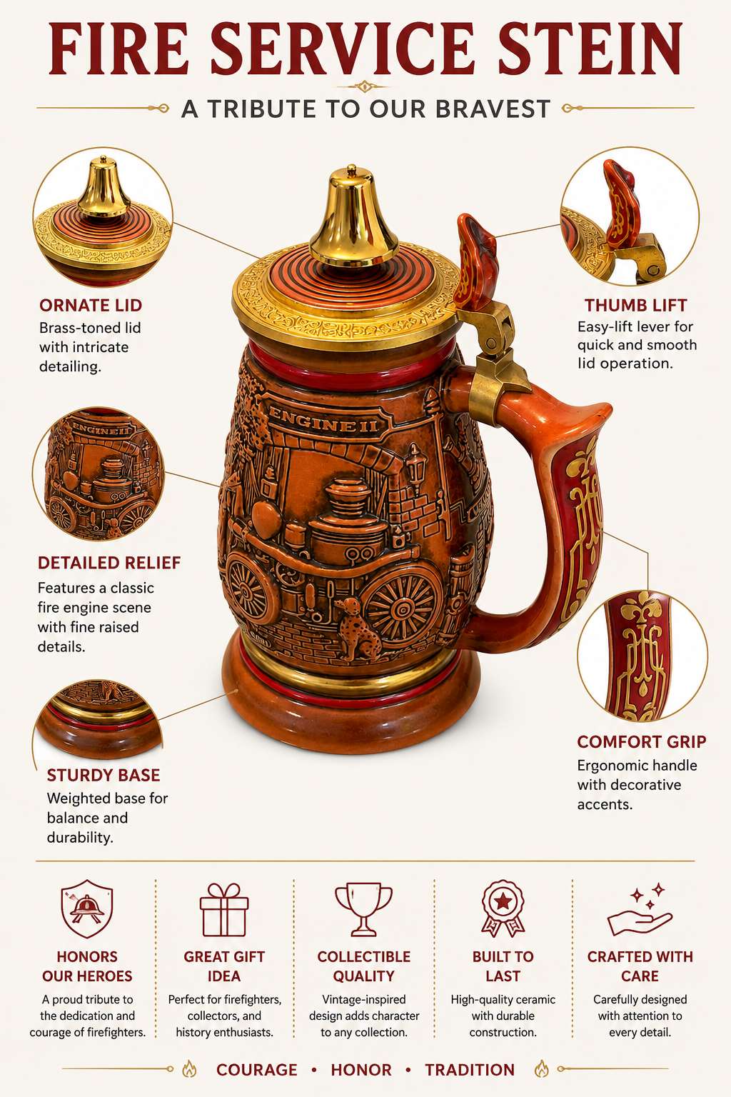 Vintage Avon 1990 Tribute to Firefighters Lidded Beer Stein – Handcrafted in Brazil