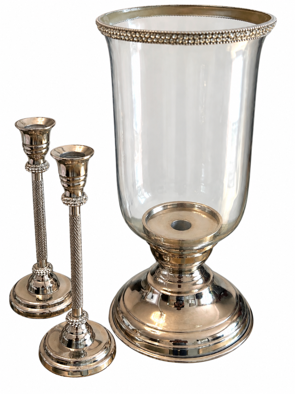 3-Piece Silver Hurricane Candle Holder & Taper Candlestick Set