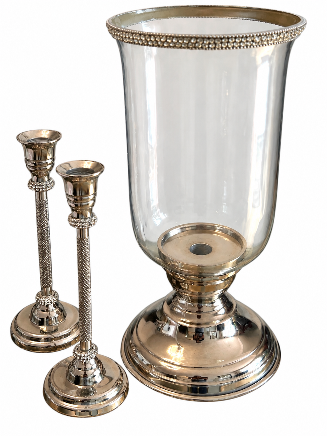 3-Piece Silver Hurricane Candle Holder & Taper Candlestick Set
