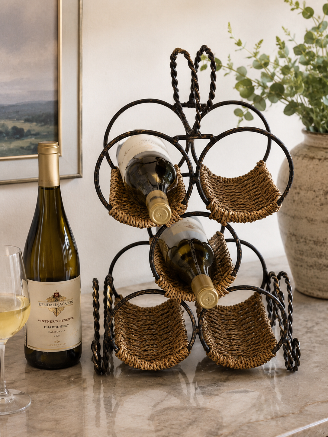 Rustic Woven 5-Bottle Wine Rack with Twisted Metal Frame