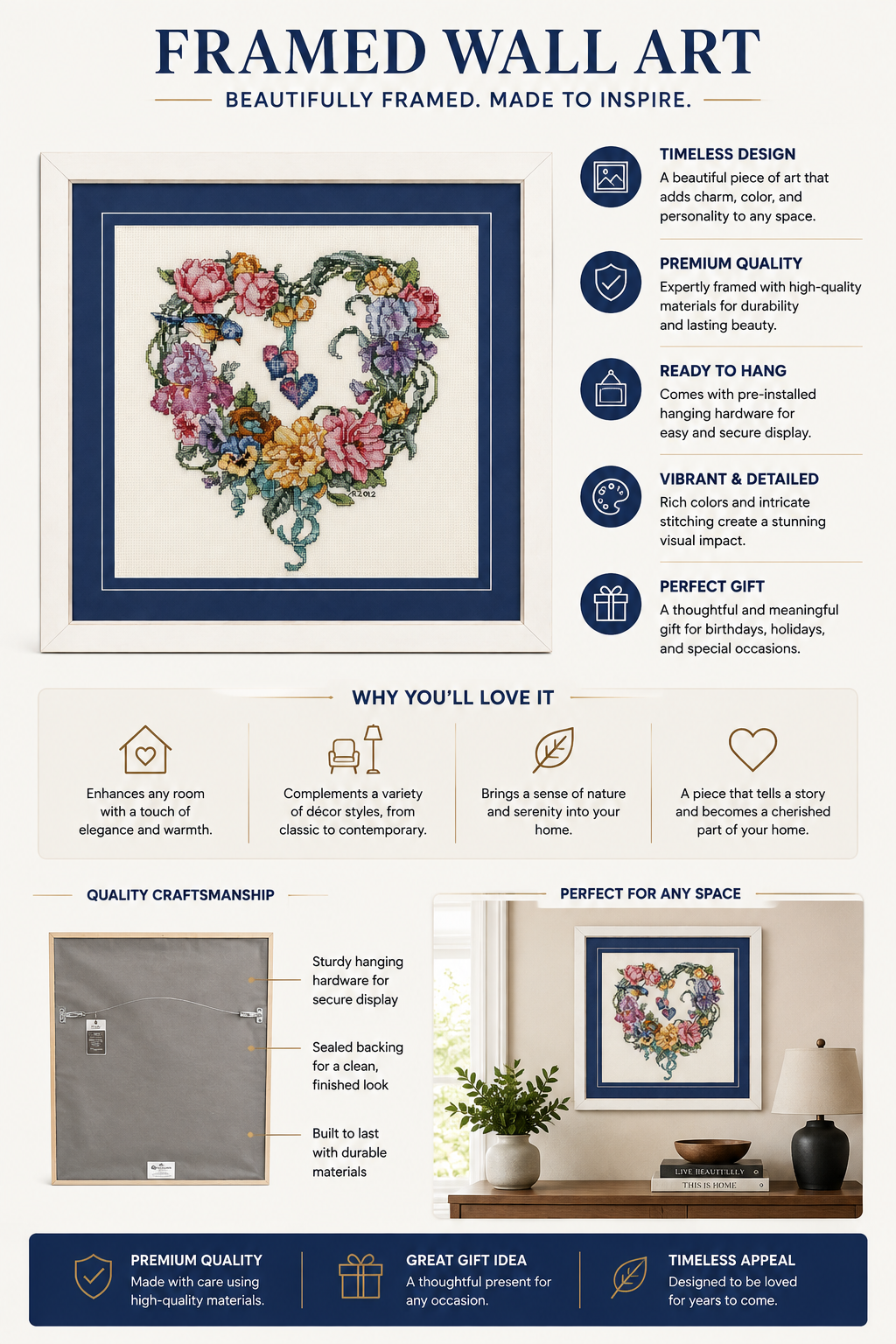 Handcrafted Floral Heart Cross-Stitch Framed Wall Art