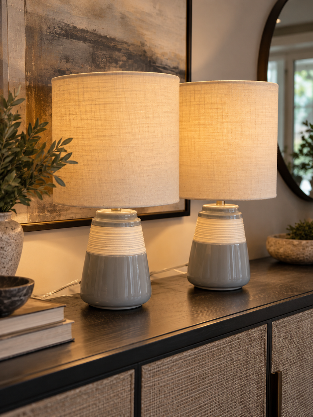 Set of 2 Modern Grey & Cream Ceramic Table Lamps with Linen Shades