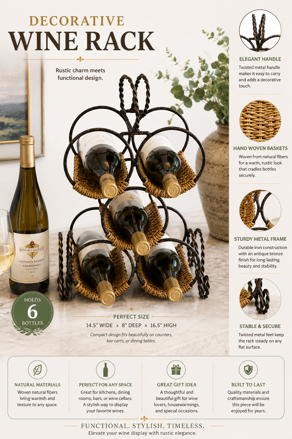 Rustic Woven 5-Bottle Wine Rack with Twisted Metal Frame