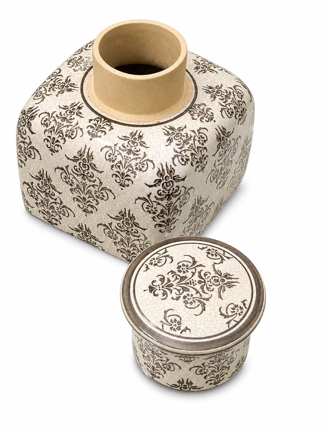 Vintage Crackle Glaze Floral Ceramic Ginger Jar with Lid