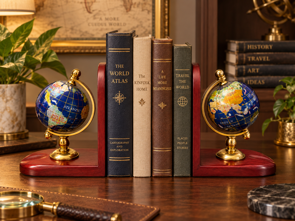 Vintage Globe Bookends – Mahogany Wood & Brass-Tone Set