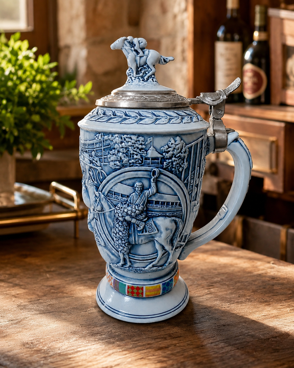 Vintage Blue & White Ceramic Beer Stein with Pewter-Style Lid & Horse Rider Topper