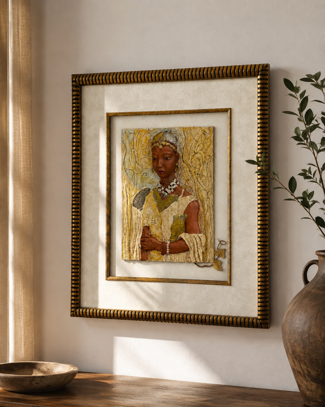 Vintage 3D Textured Portrait Shadow Box Wall Art – Ornate Gold Frame