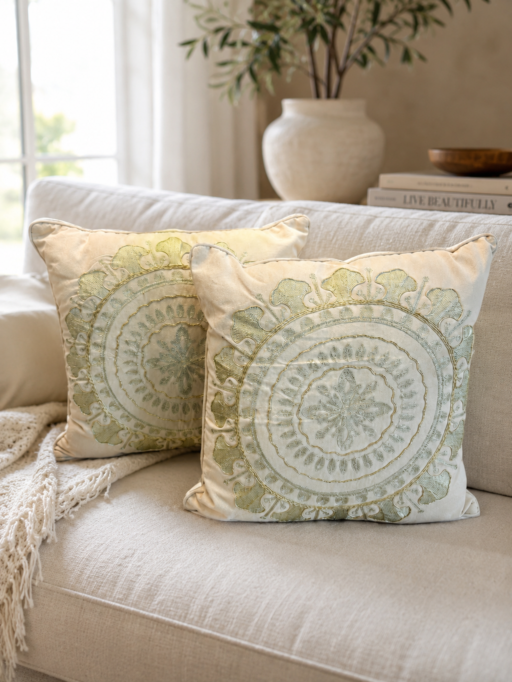 Set of 2 Embroidered Decorative Throw Pillows – Ivory & Sage Medallion Design