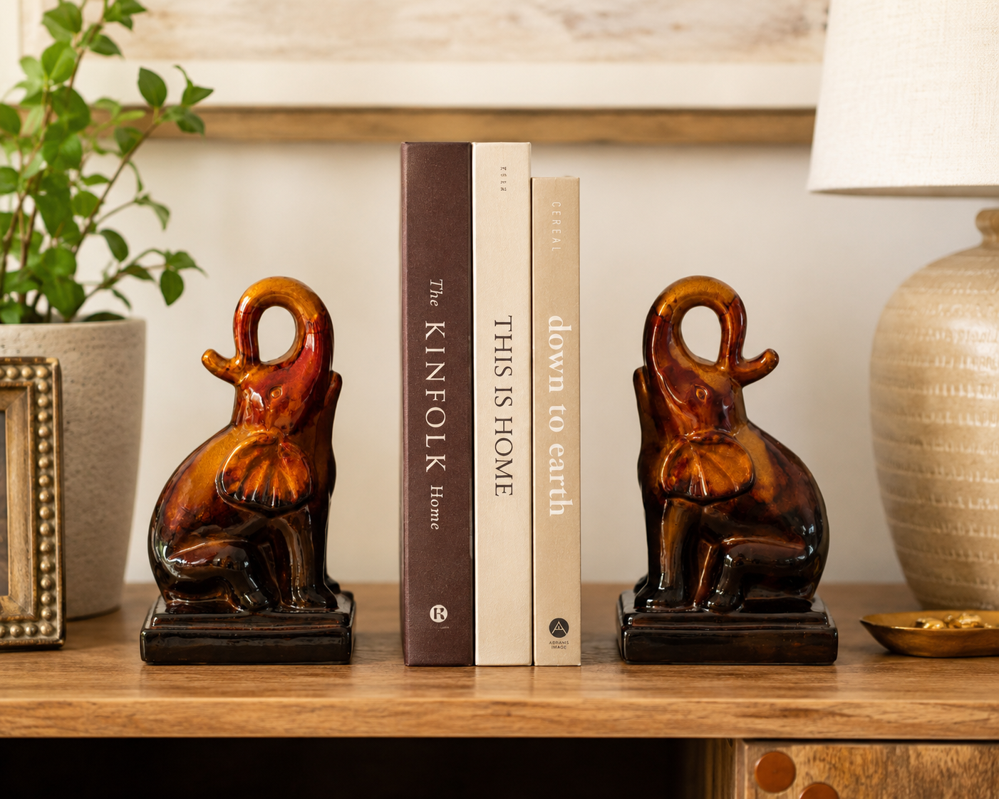 Vintage Ceramic Elephant Bookends – Glossy Amber & Brown Decorative Bookend Set (Pair)