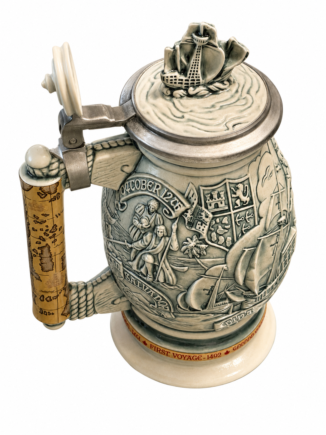 Vintage Christopher Columbus 1492 Commemorative Beer Stein with Pewter Lid