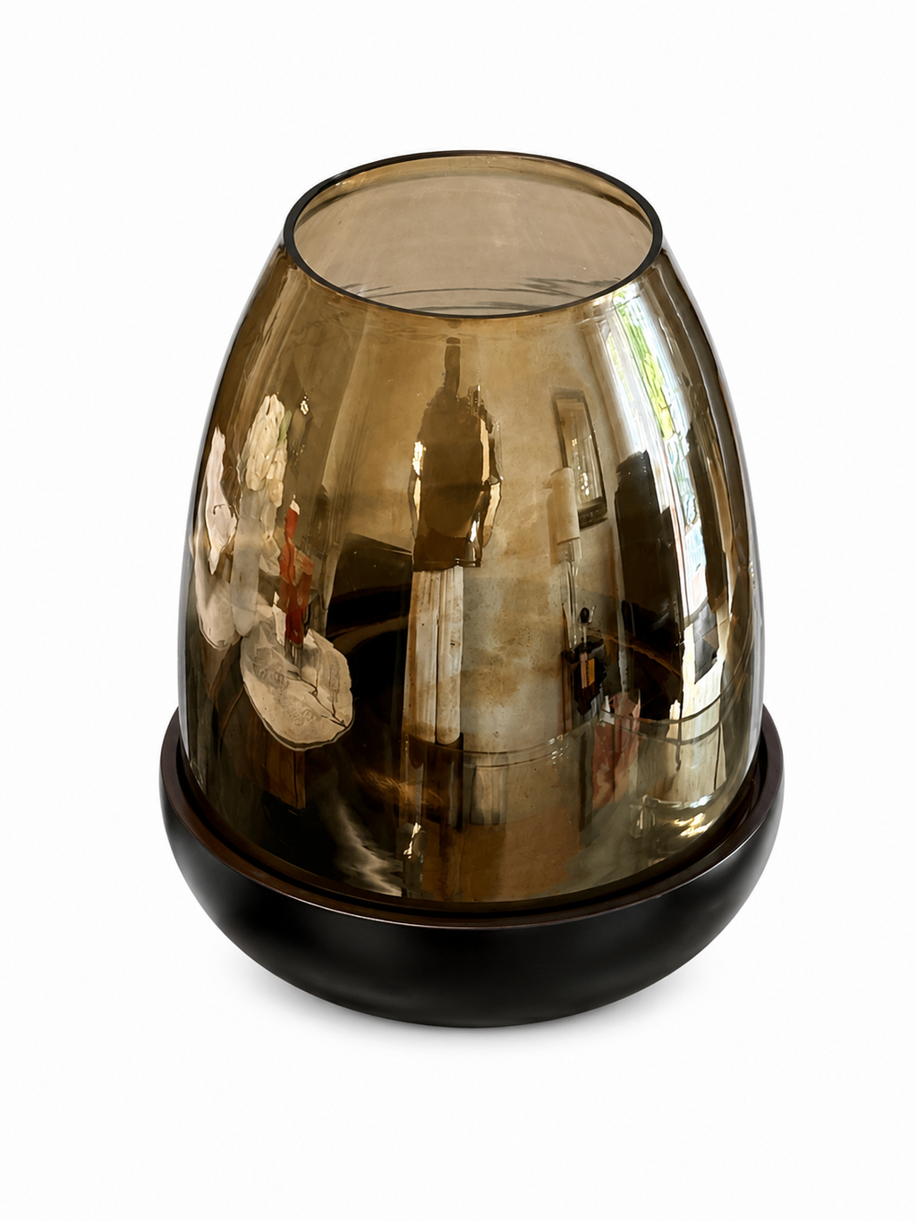 Smoked Amber Glass Candle Lantern with Dark Wood-Look Base