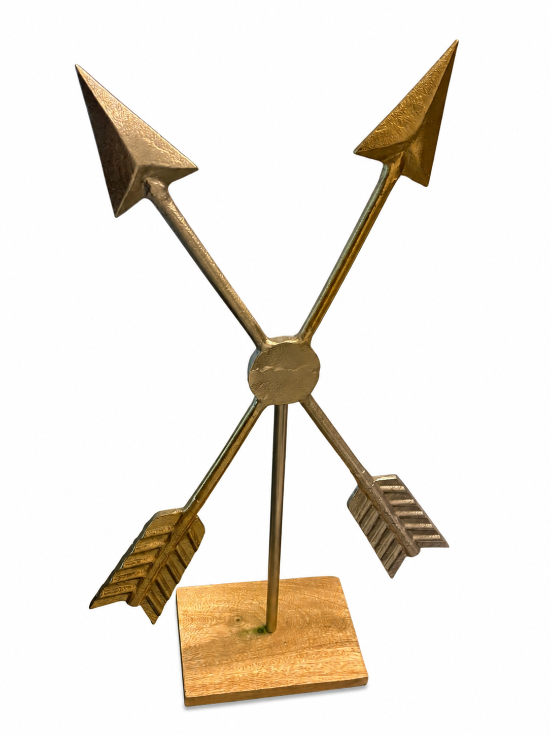 Decorative Crossed Arrow Metal Sculpture on Wooden Base