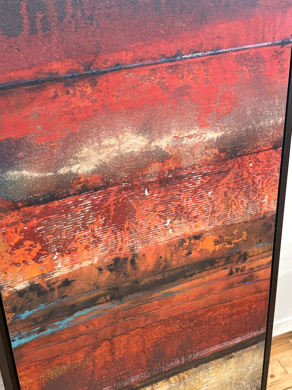 Large Framed Abstract Textured Wall Art – Red, Bronze & Gold – 26” × 50”