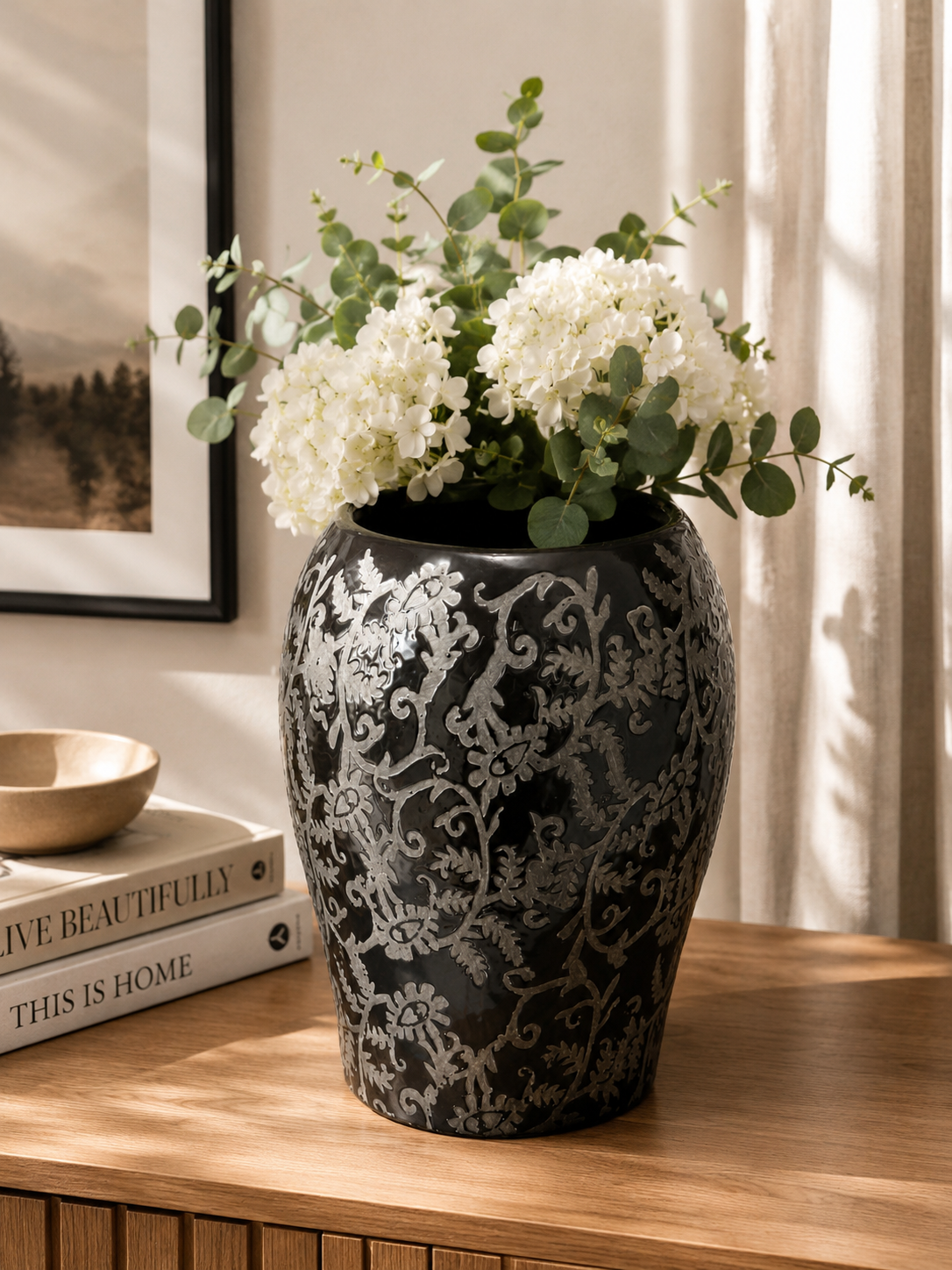 Decorative Charcoal Ceramic Vase with Botanical Pattern