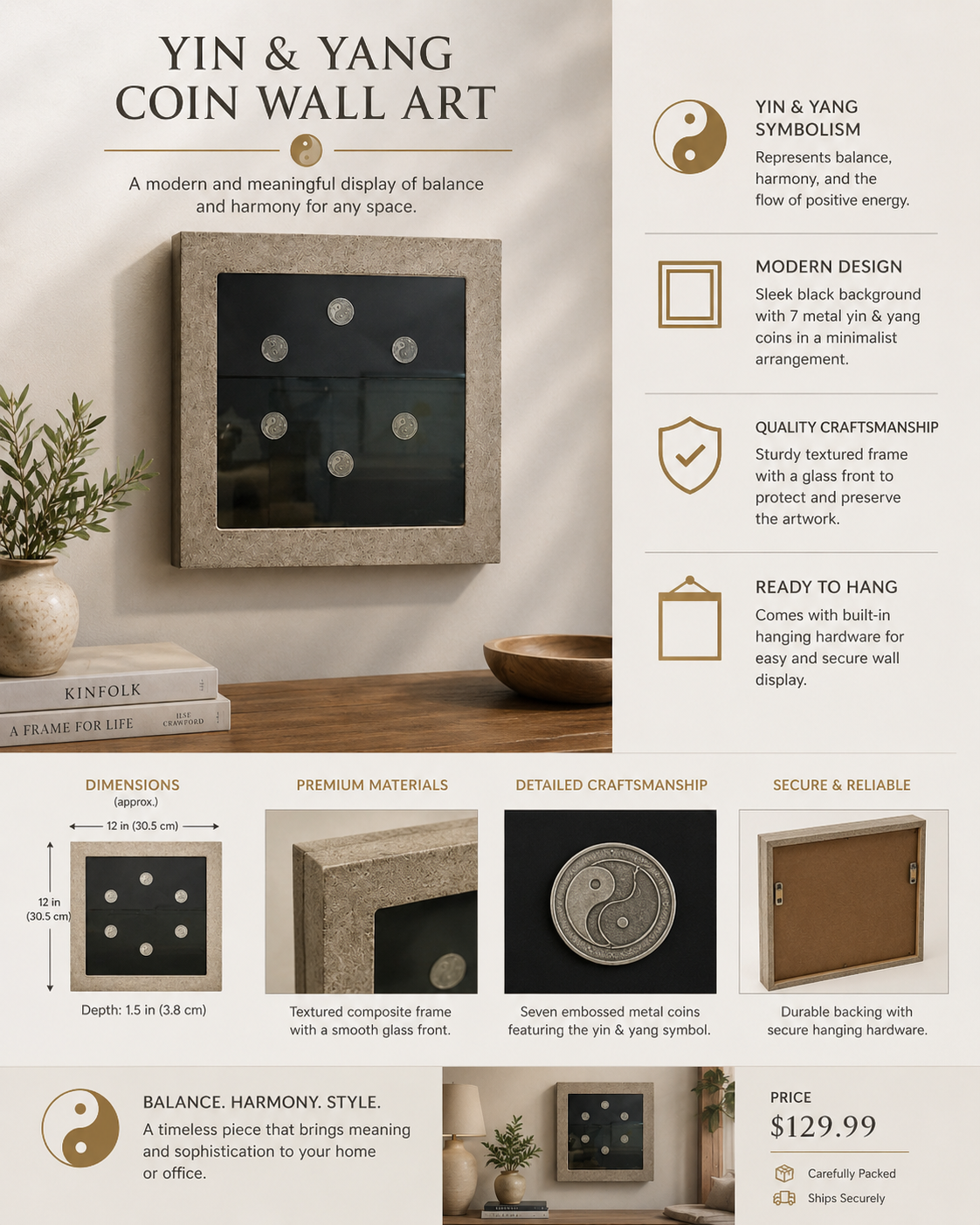 Framed Yin & Yang Coin Shadow Box Wall Art