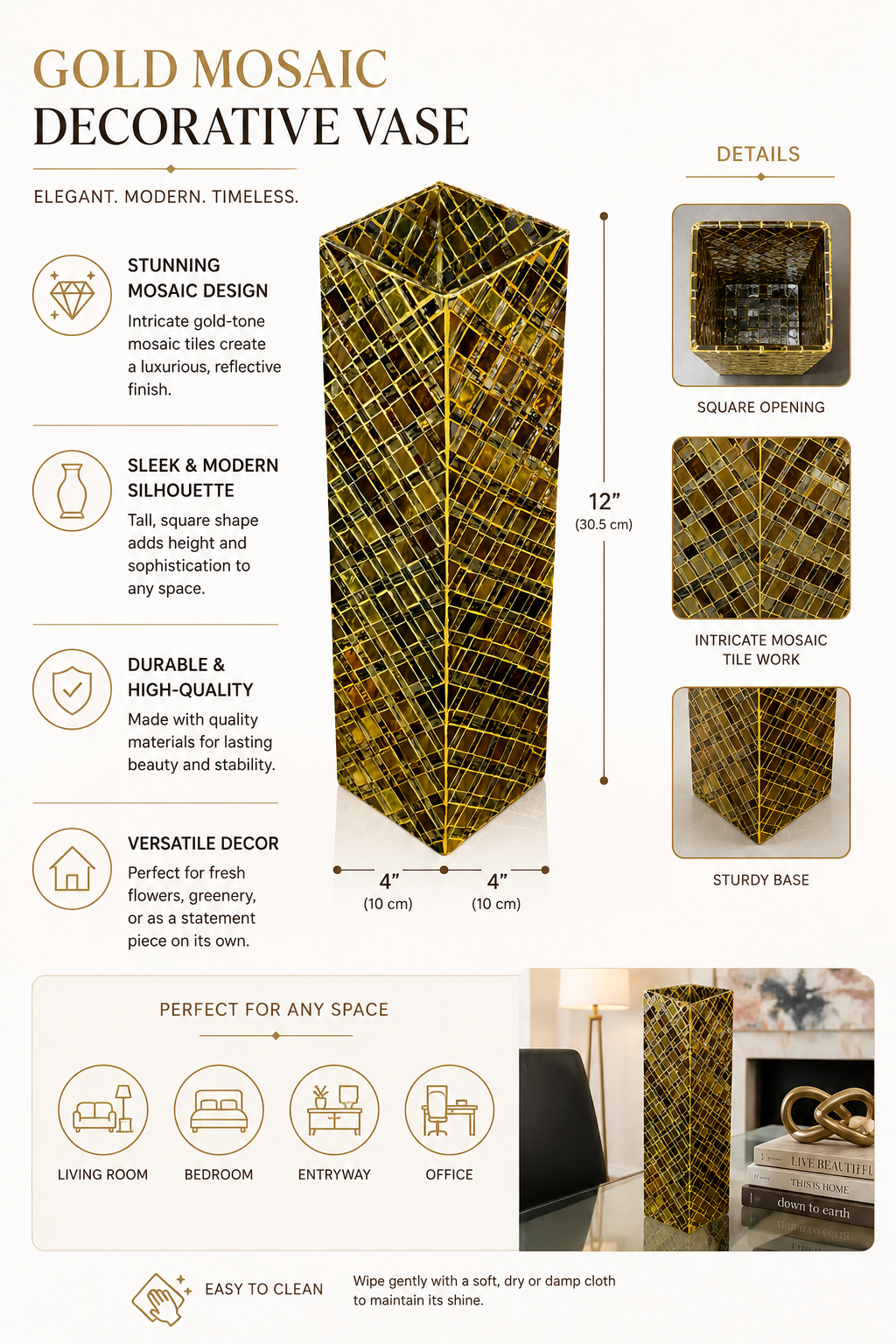 Tall Gold Mosaic Decorative Vase – Handcrafted Mirrored Glass Accent