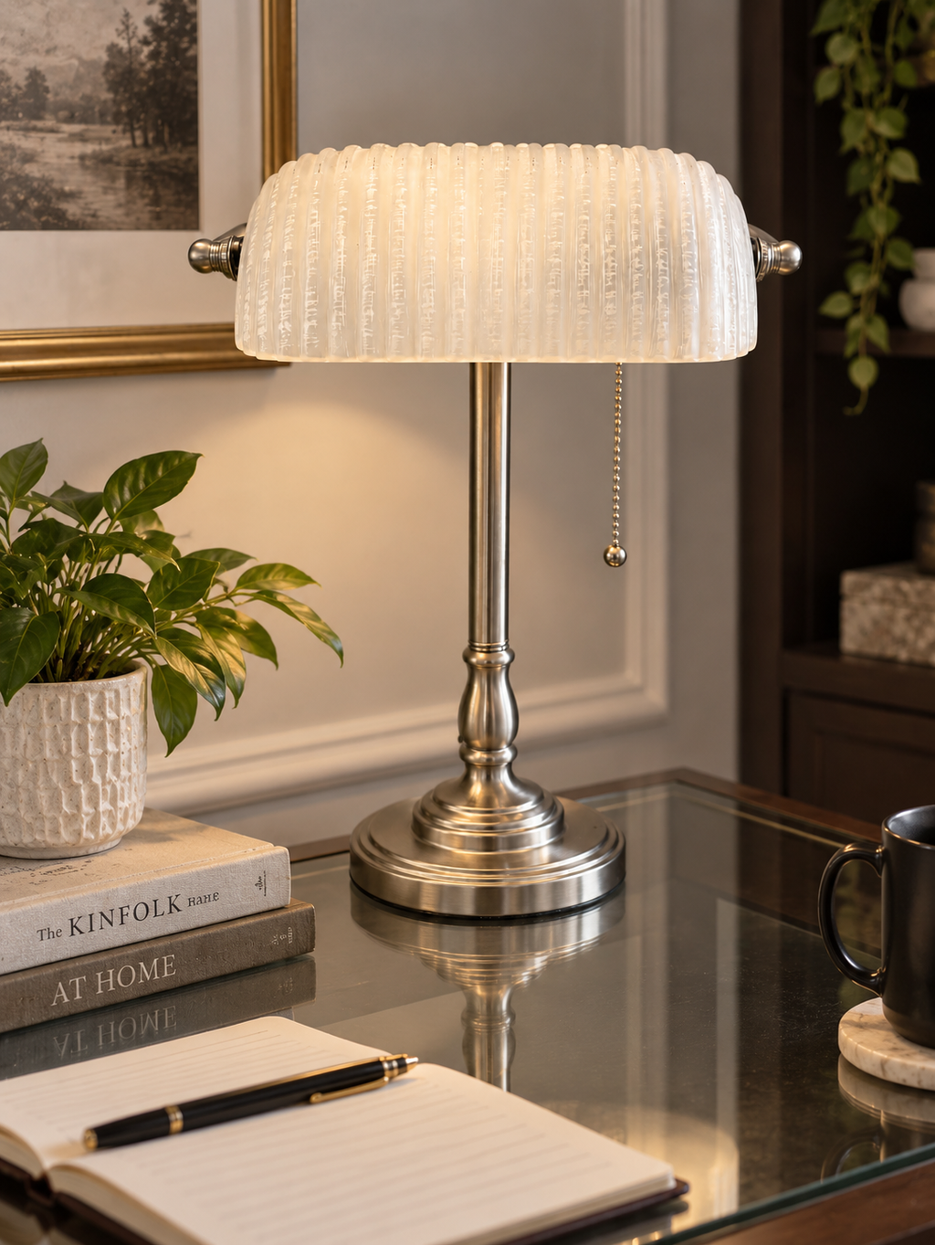 Brushed Nickel Banker Lamp with Textured Glass Shade
