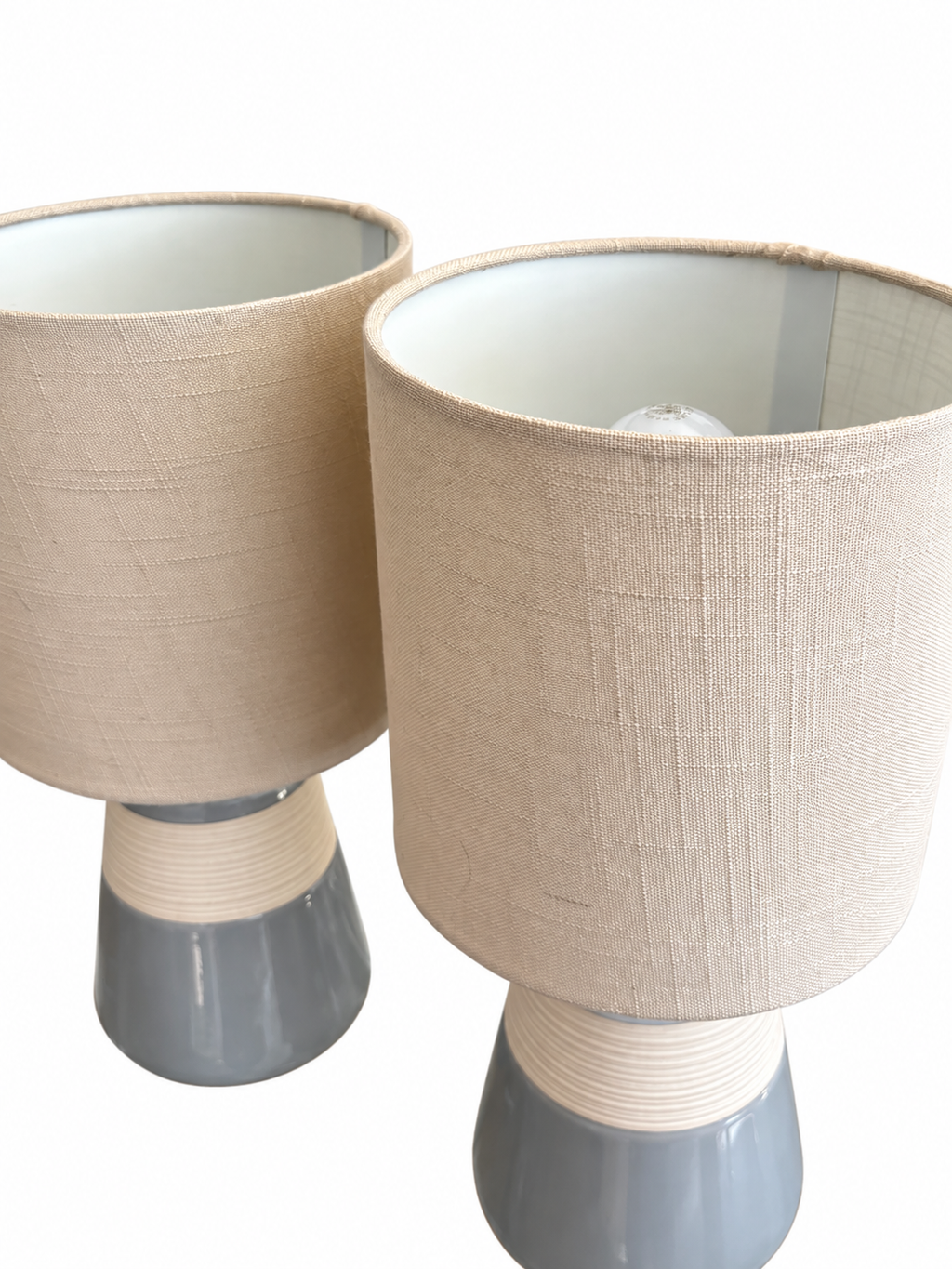 Set of 2 Modern Grey & Cream Ceramic Table Lamps with Linen Shades