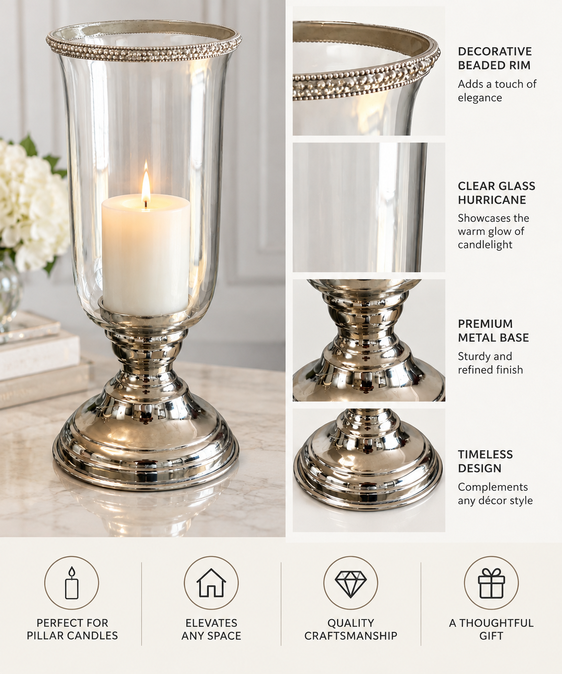 Silver & Glass Hurricane Candle Holder with Beaded Rim