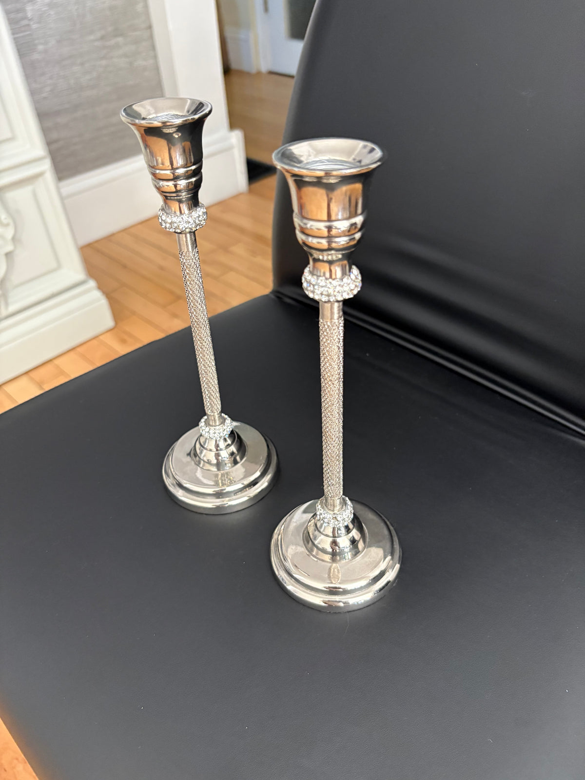 Set of 2 Silver Crystal Accent Candle Holders