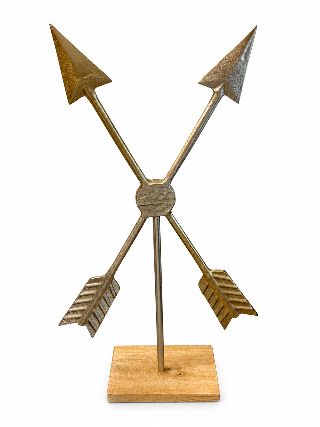 Decorative Crossed Arrow Metal Sculpture on Wooden Base