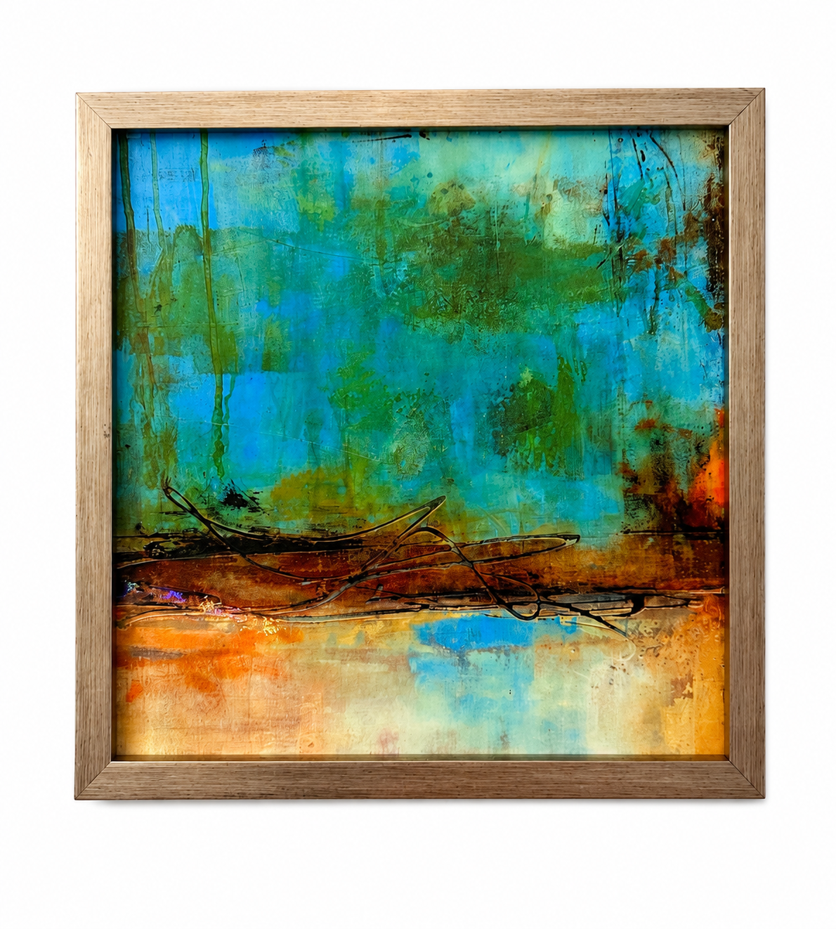 Framed Abstract Wall Art Print – Modern Blue & Earth Tone Artwork with Espresso Finish Frame