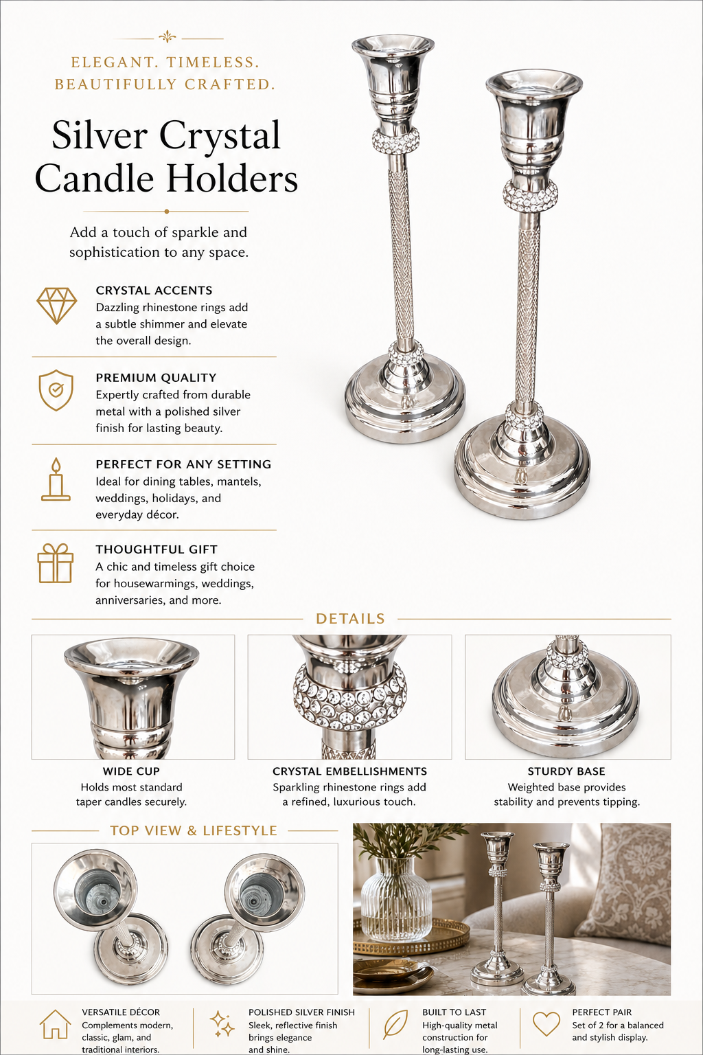 Set of 2 Silver Crystal Accent Candle Holders