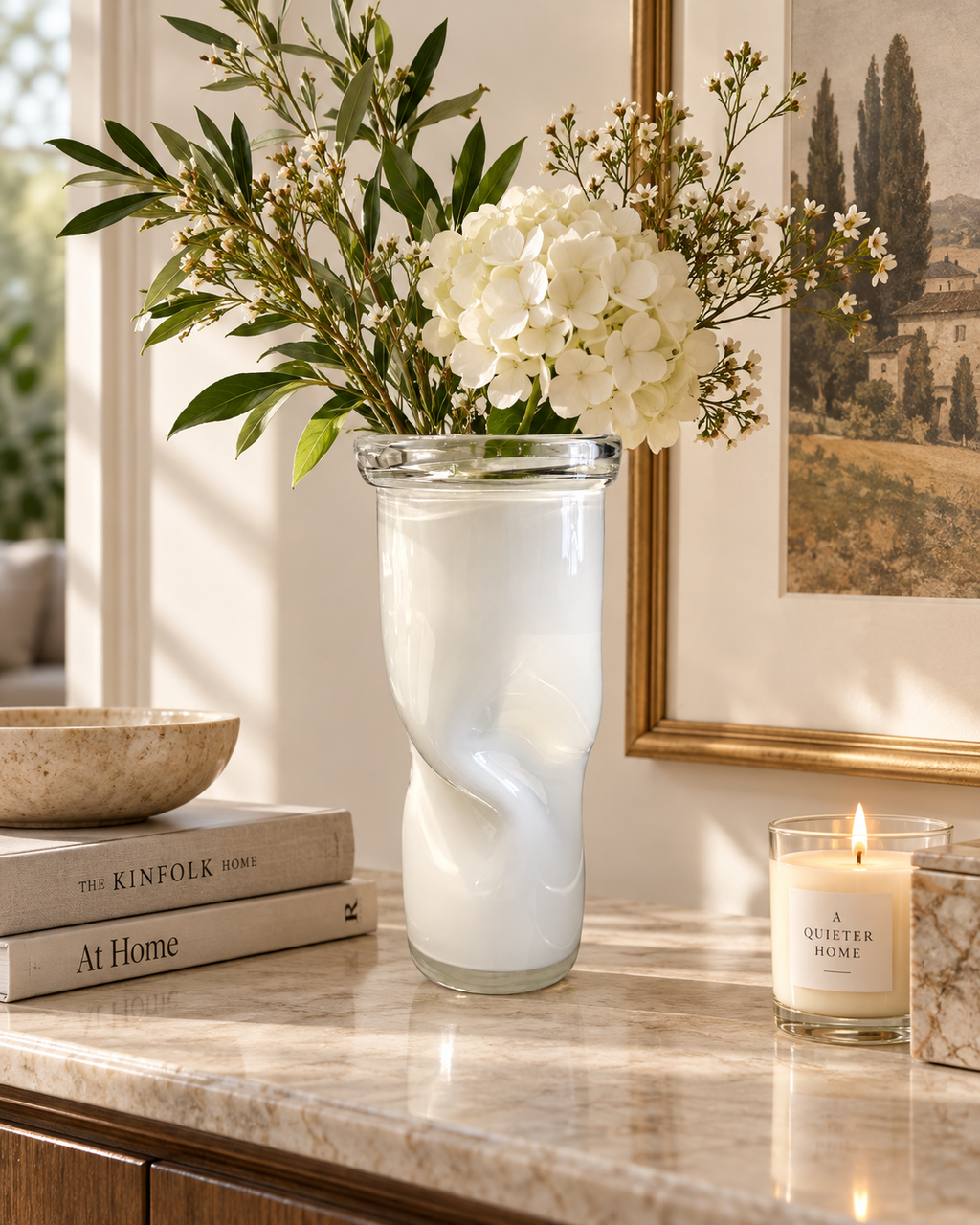Sculptural White Art Glass Twist Vase