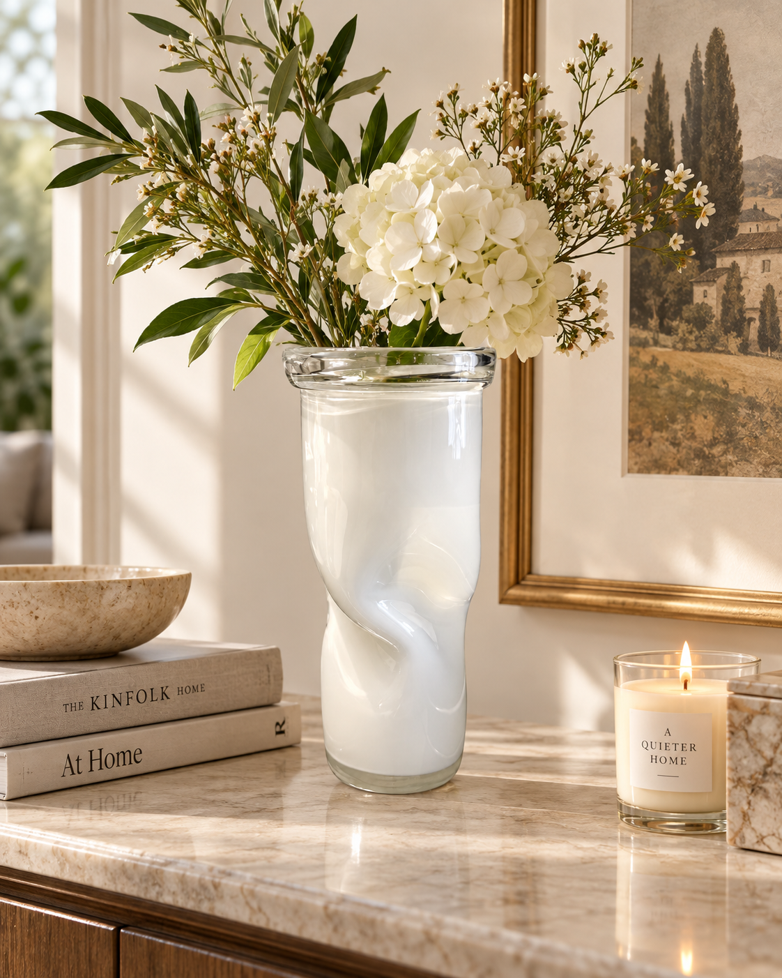 Sculptural White Art Glass Twist Vase