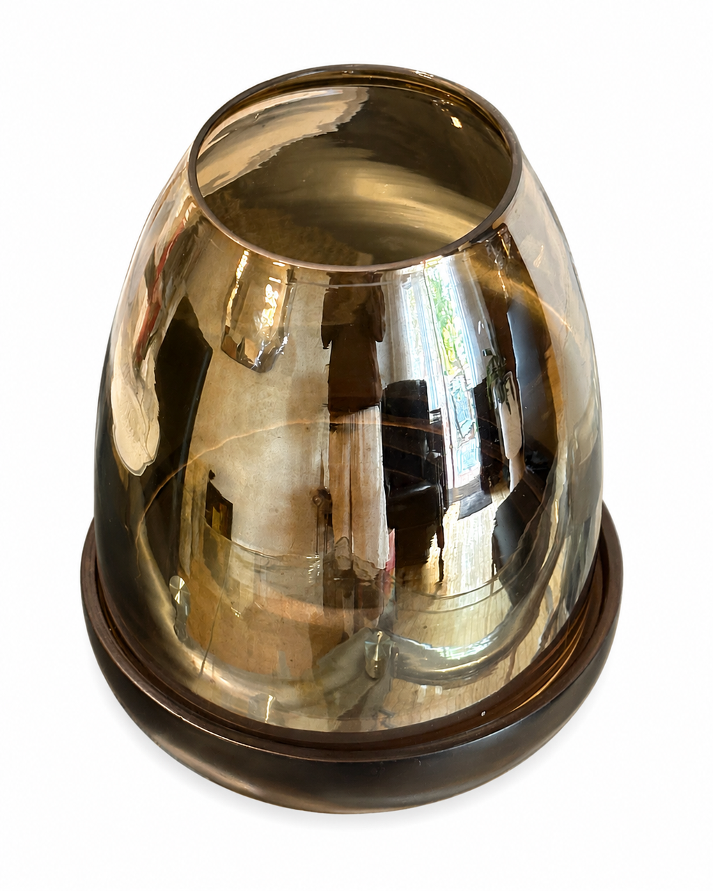 Smoked Amber Glass Candle Lantern with Dark Wood-Look Base
