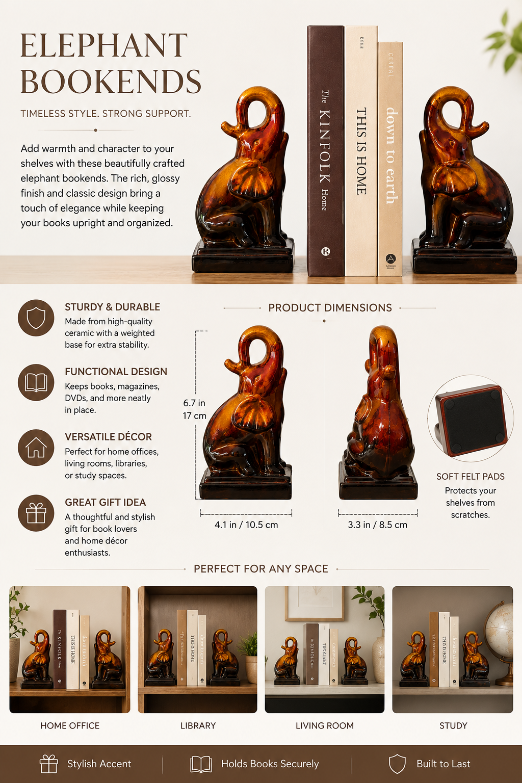 Vintage Ceramic Elephant Bookends – Glossy Amber & Brown Decorative Bookend Set (Pair)