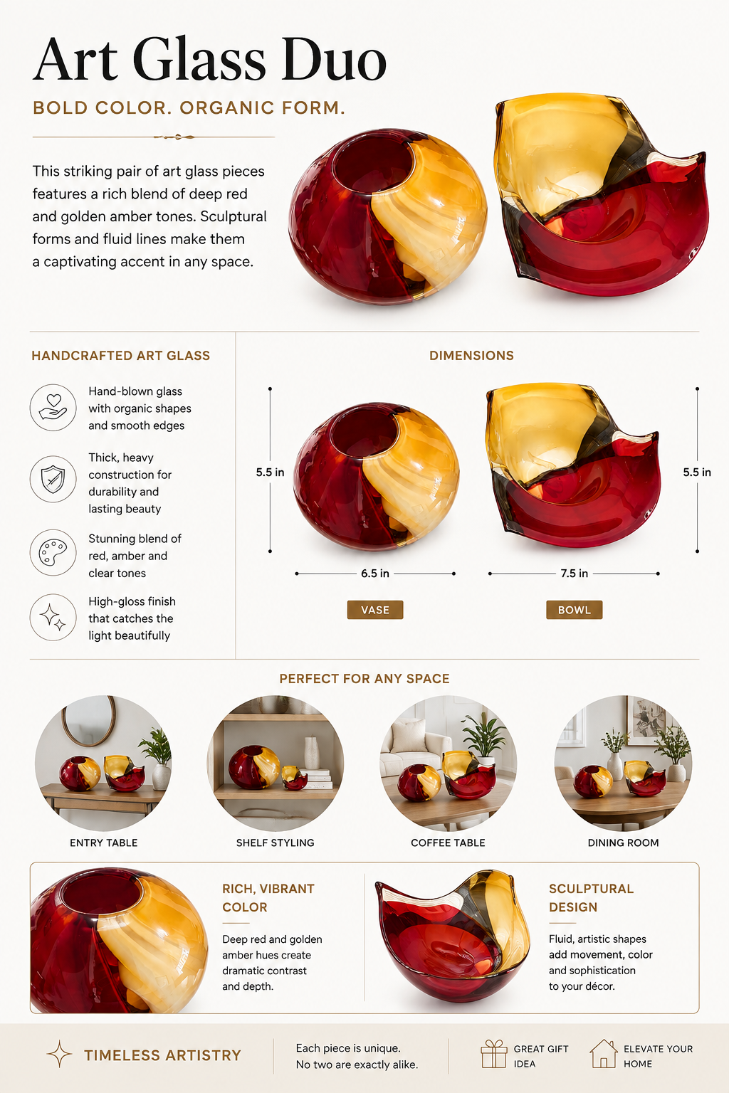 Sculptural Red & Amber Art Glass Vase & Bowl Set