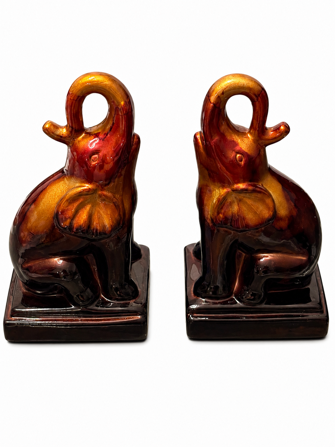 Vintage Ceramic Elephant Bookends – Glossy Amber & Brown Decorative Bookend Set (Pair)