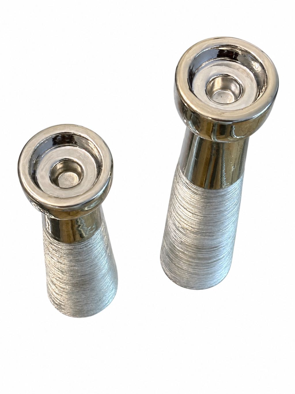 Modern Silver Metal Candle Holder Set (2-Piece) – Textured Contemporary Pillar Candle Holders