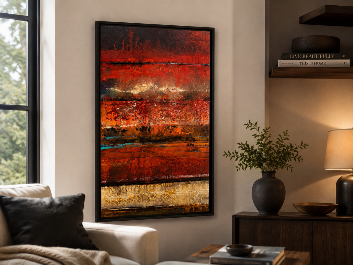 Large Framed Abstract Textured Wall Art – Red, Bronze & Gold – 26” × 50”